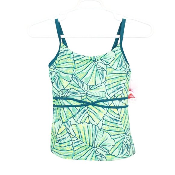 LL Bean Green Beach Glass Tropical Leaves Patterned Tankini Top Size 4 - Picture 1 of 9